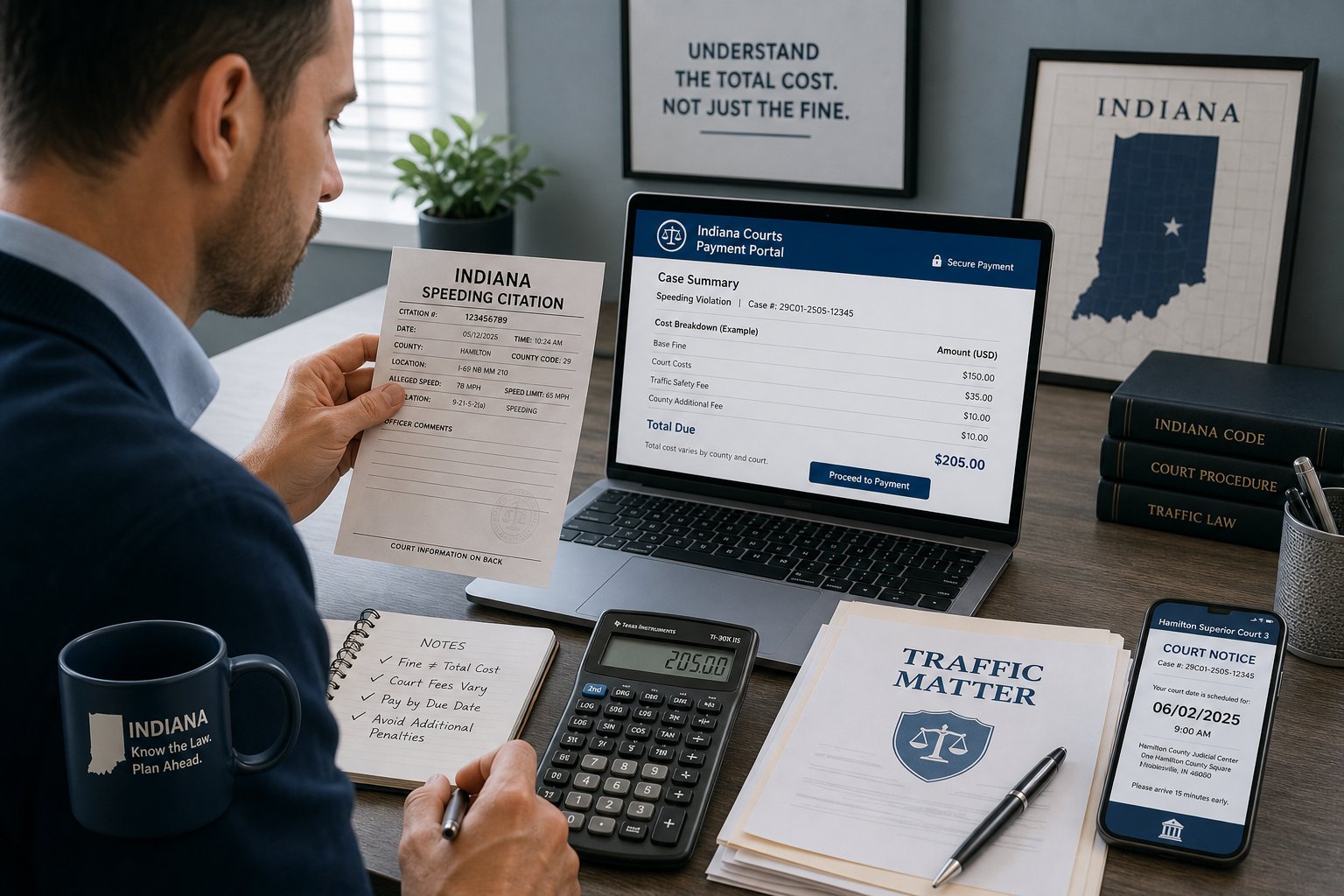20 Over Speeding Ticket in Indiana: What to Know About Cost and Points 1 Driver reviewing Indiana speeding ticket costs at a modern desk.