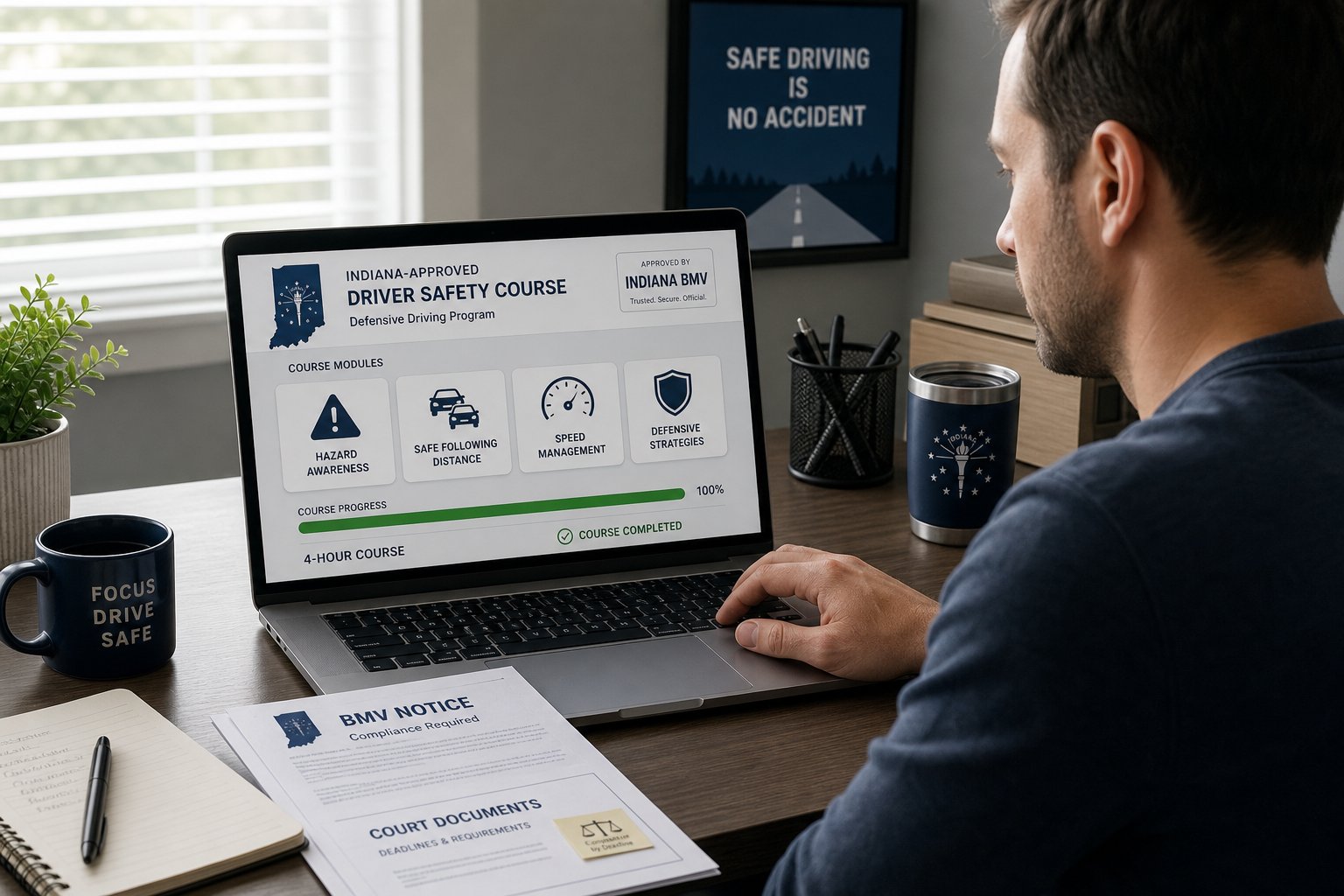 How the 4-Hour Indiana Driver Safety Program Works Online 1 Driver taking Indiana online safety course at a desk with official documents.