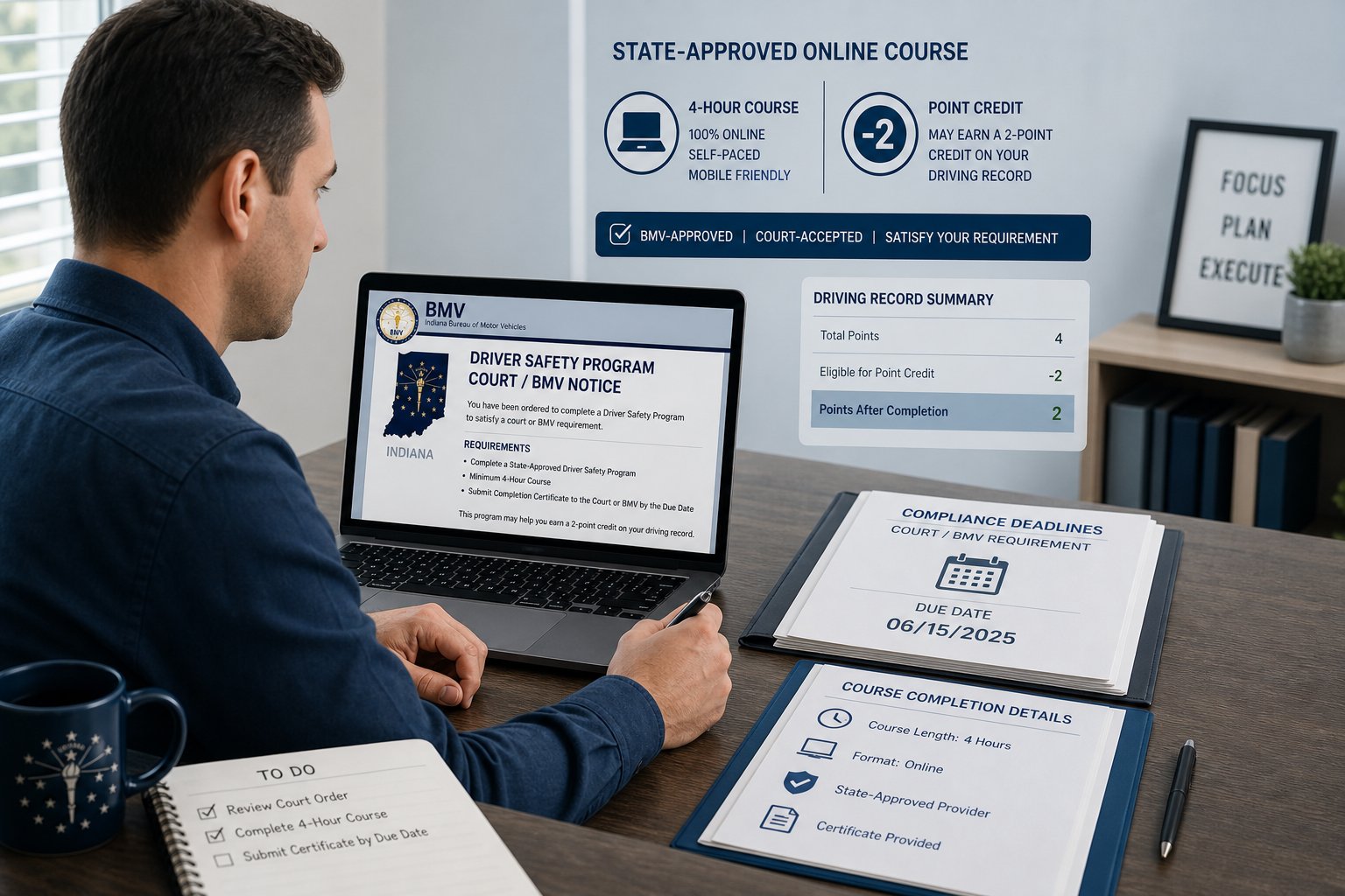 BMV-Ordered Driver Safety Program in Indiana: Points, Notice, and 90-Day Deadline 1 Driver reviewing Indiana BMV safety course notice on a laptop at desk.