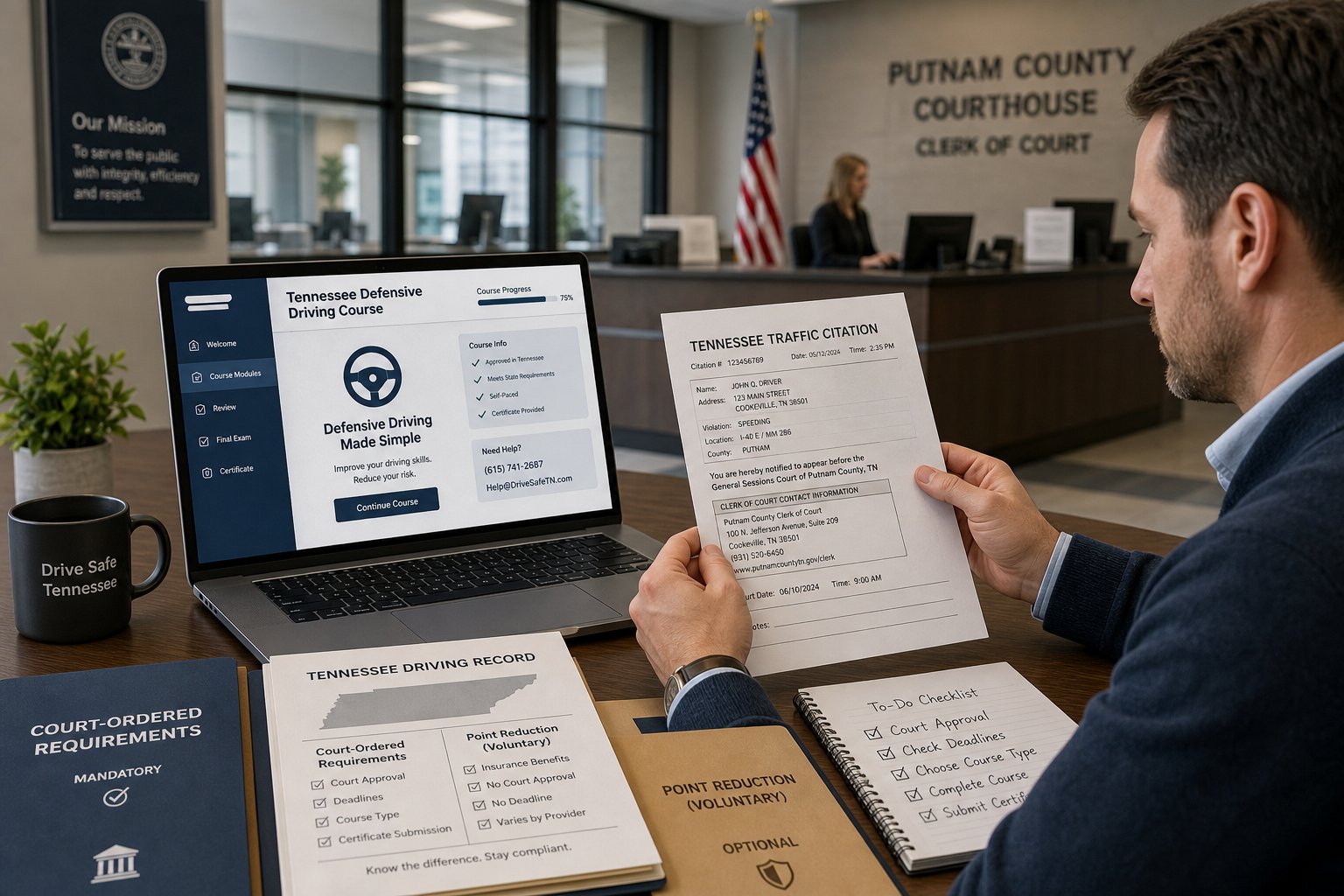 Can a Tennessee Defensive Driving Course Help With a Traffic Ticket? 1 Tennessee traffic citation and Clerk of Court notice on a desk