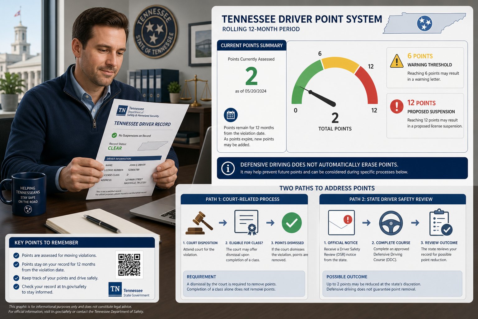 Can Defensive Driving Help With Points on a Tennessee License? 1 Driver reviewing Tennessee license points and defensive driving process information.