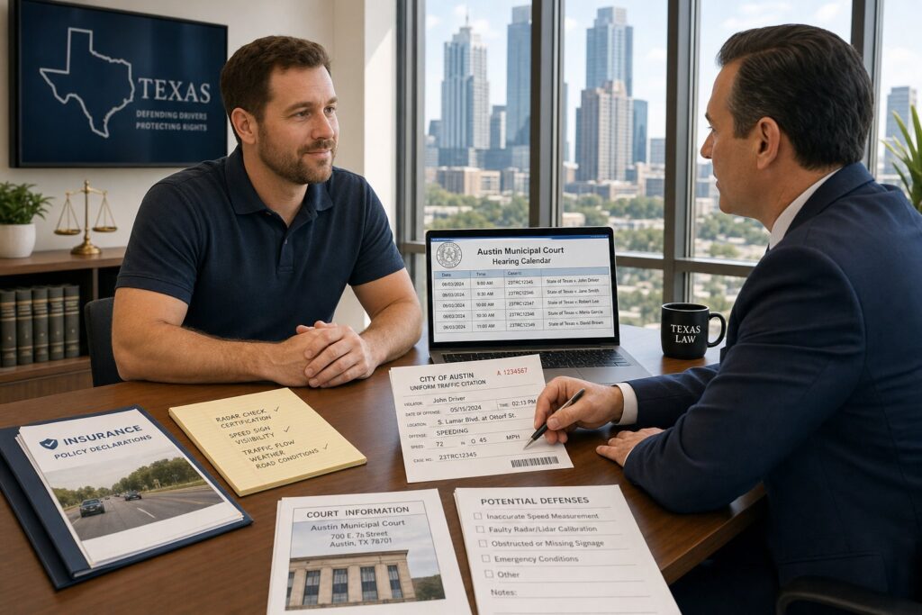 Blog Articles 7 Driver reviewing Texas speeding ticket options at a modern desk.