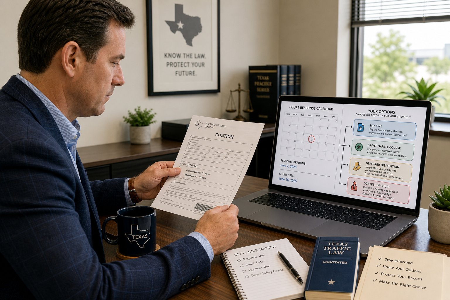 Can You Contest a Texas Speeding Ticket in Court? 1 Driver reviewing Texas speeding ticket options at a modern desk.