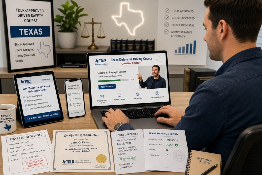 Blog Articles 6 Driver taking an online Texas defensive driving course at home.