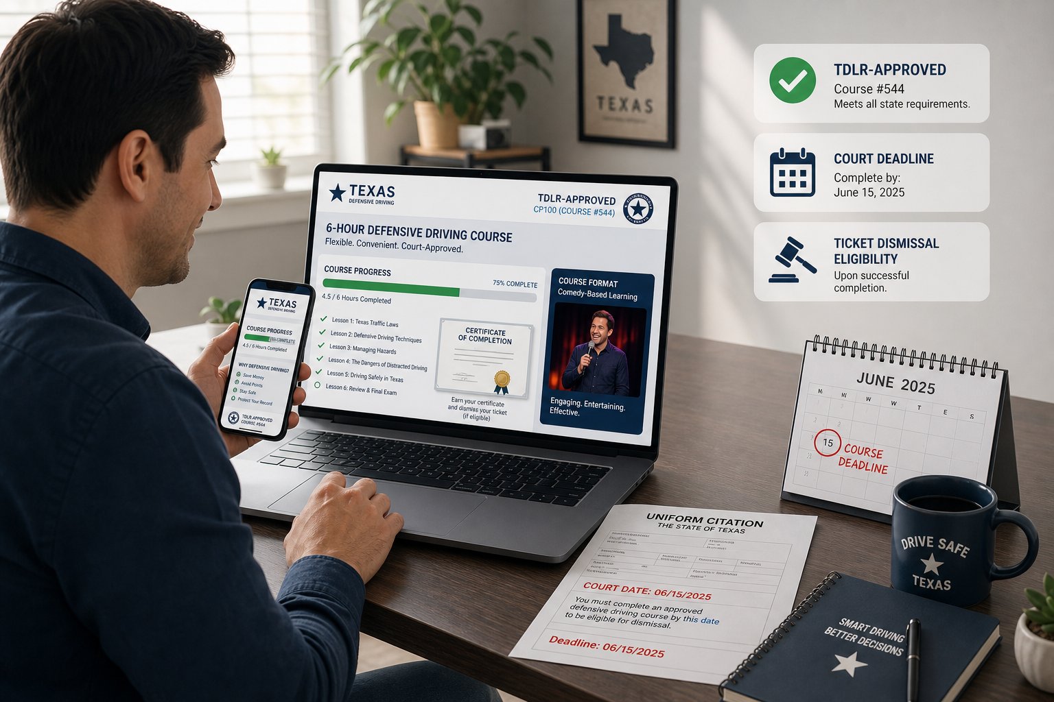 Comedy Defensive Driving in Texas: What to Know Before You Choose One 1 Driver taking an online Texas defensive driving course at home.