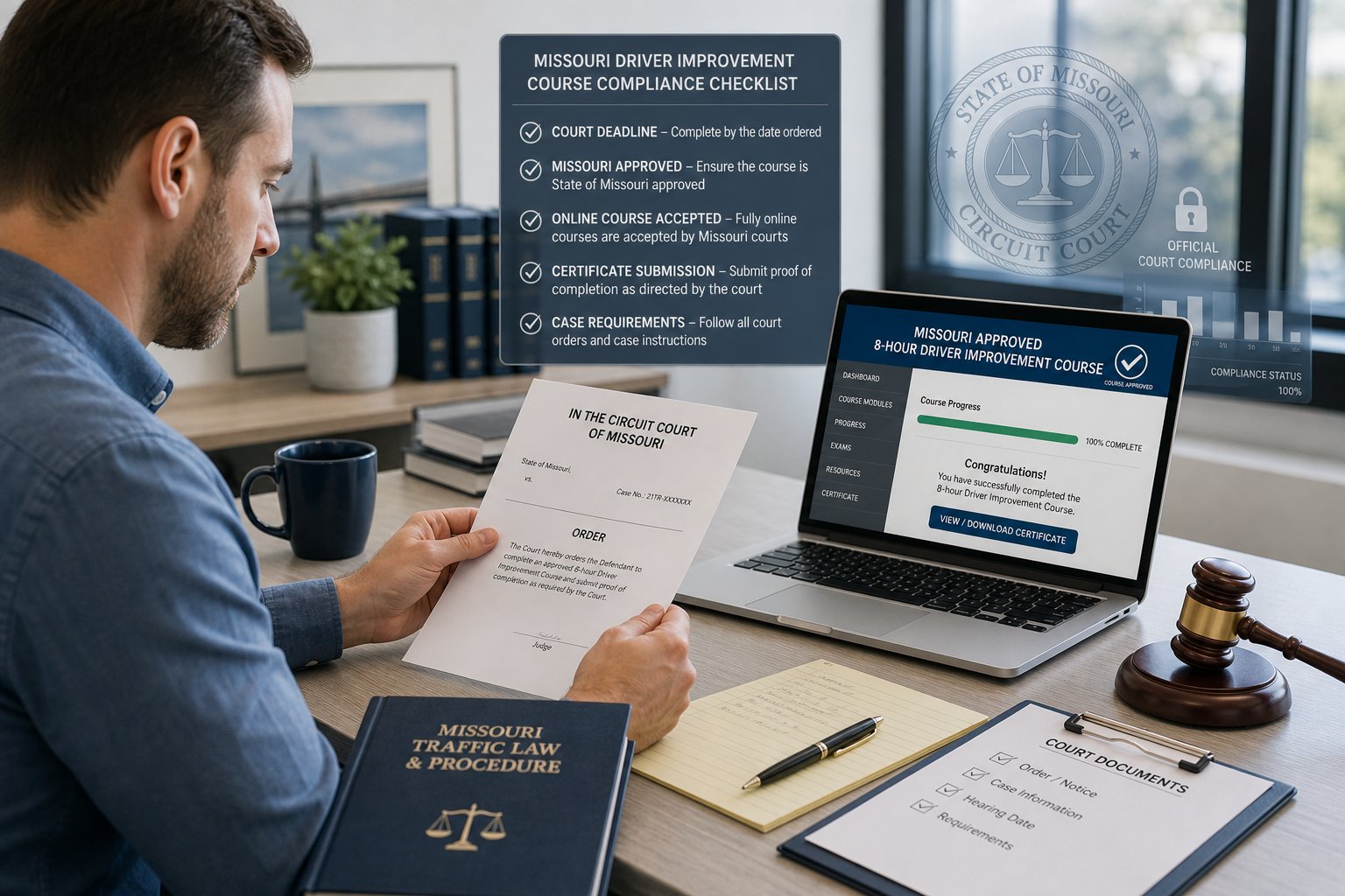 Missouri Court-Ordered Driver Improvement: What It Means and What to Do 1 Missouri DOR Form 4444 point-reduction submission form beside a traffic ticket
