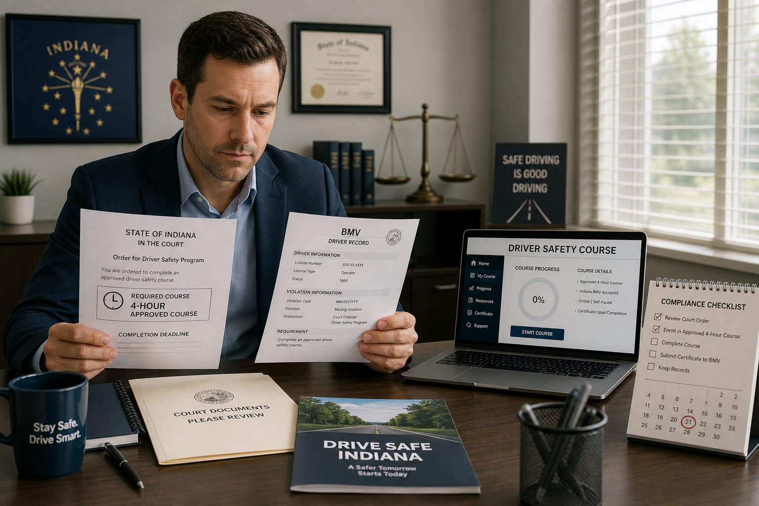 Court-Ordered Driver Safety Program in Indiana: What to Do 1 Driver reviewing Indiana court and BMV safety program documents at desk.