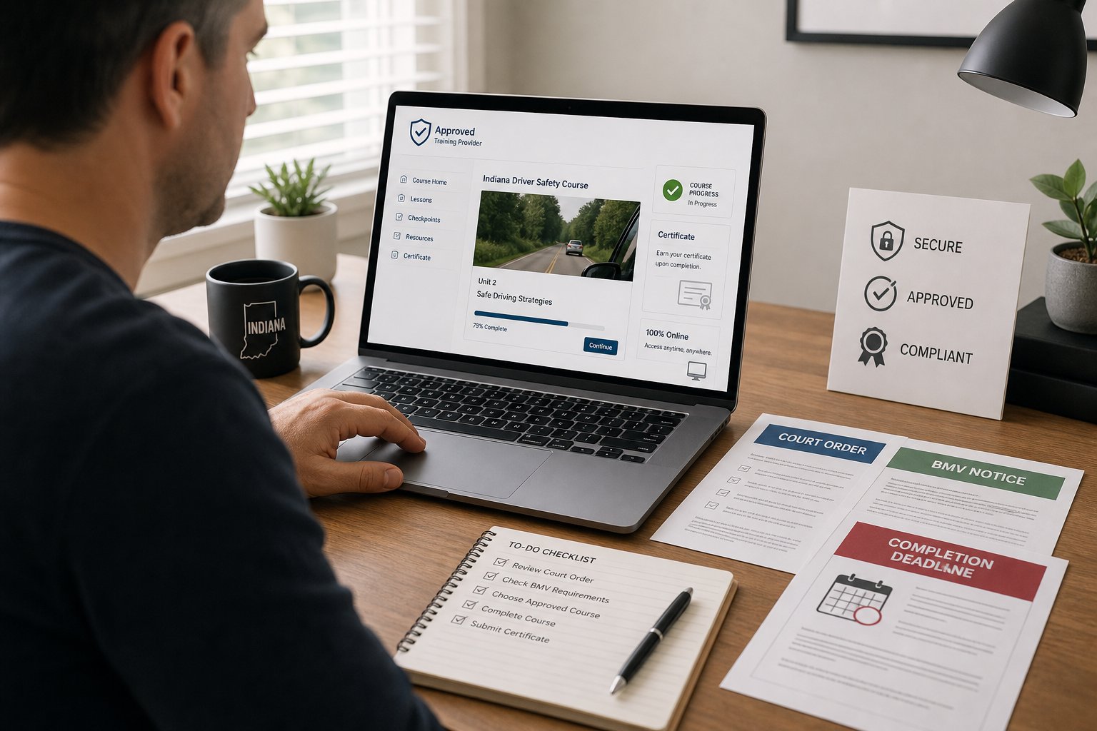 Can I Take the Indiana Driver Safety Program Online If It's Court-Ordered? 1 Driver reviewing an online Indiana safety course with court paperwork at home.