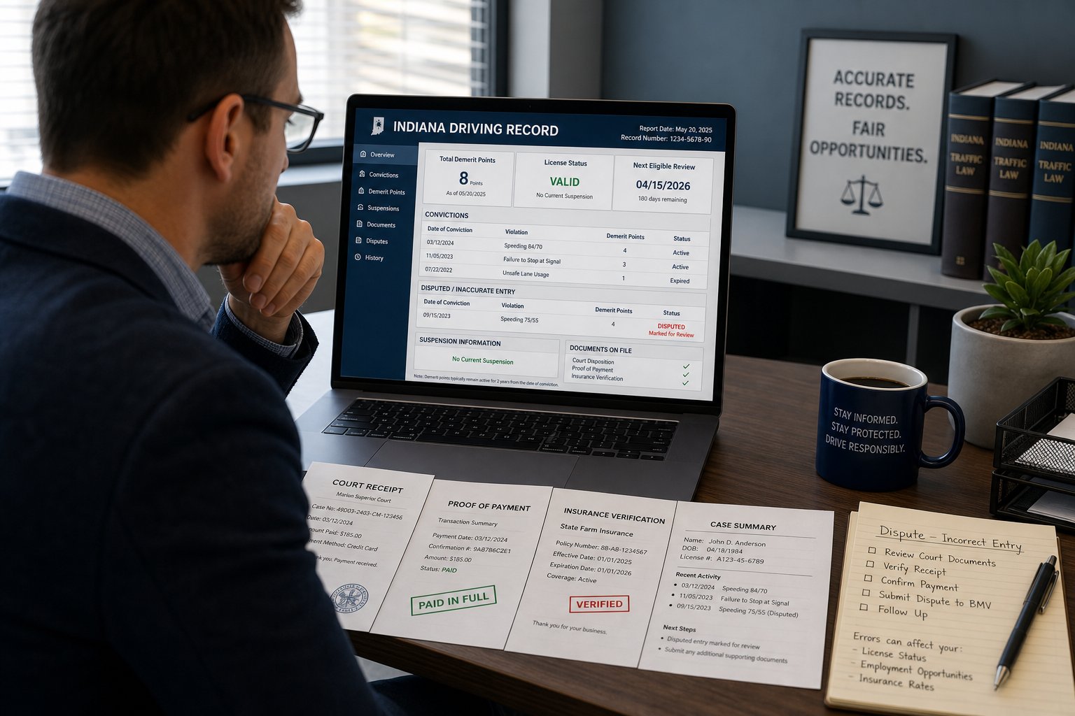 How to Dispute an Error on Your Indiana BMV Driving Record 1 Professional reviewing Indiana driving record and court documents at a modern desk.