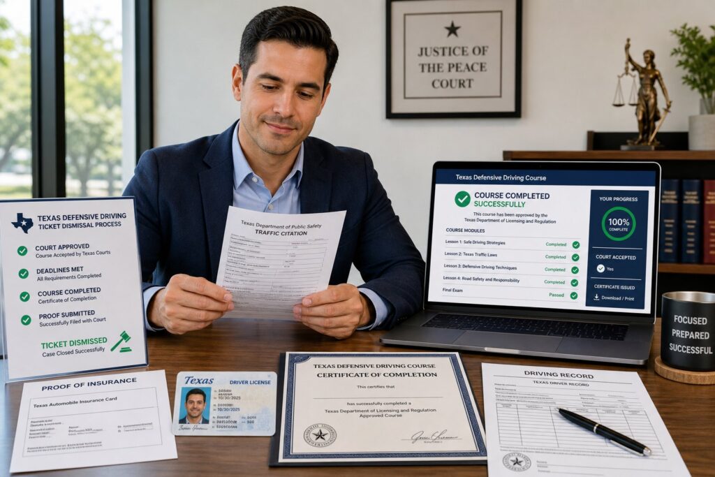 Blog Articles 5 Driver reviewing Texas ticket dismissal documents at a modern desk.