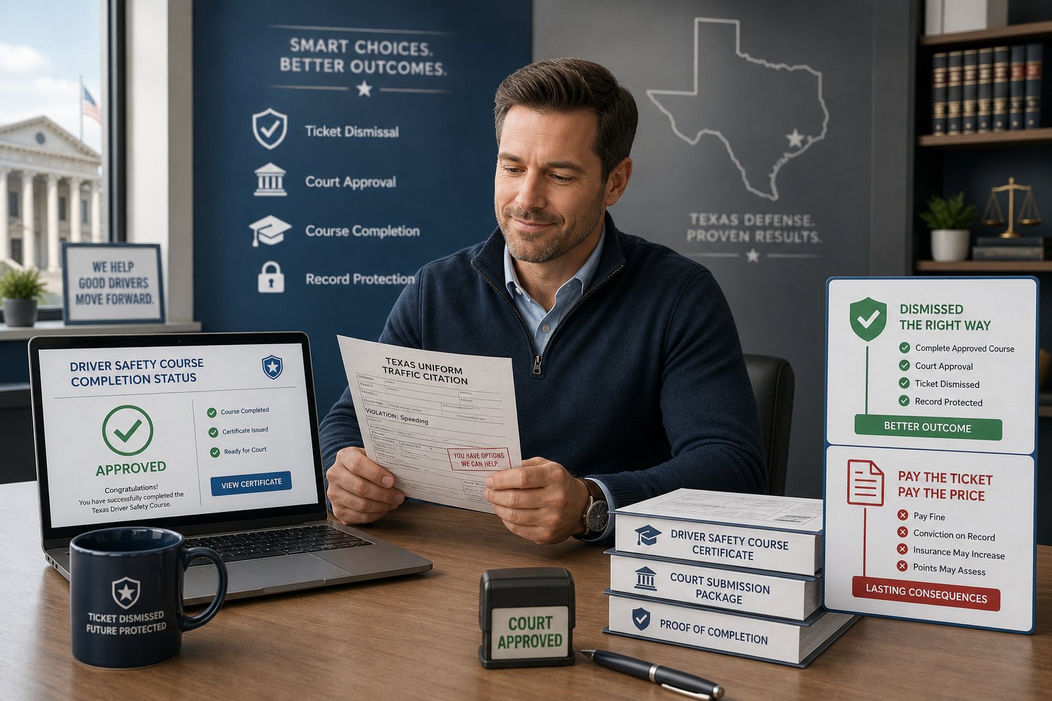 Does Texas Defensive Driving Dismiss a Ticket or Keep It Off Your Record? 1 Driver reviewing Texas ticket dismissal documents at a modern desk.