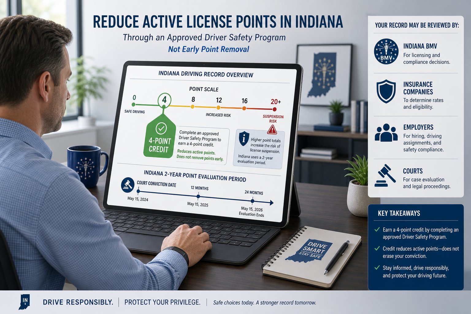 How Indiana Driver License Points Can Be Reduced or Corrected 1 Driver reviewing Indiana license points on a digital dashboard.