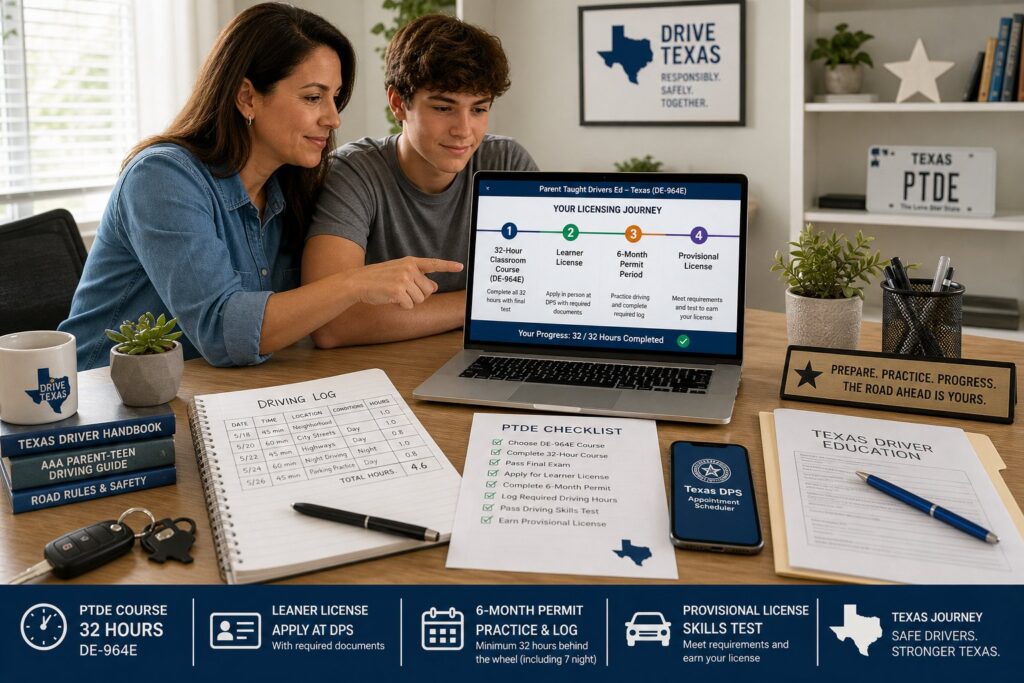 Blog Articles 8 Teen and parent reviewing Texas driver education course at home.