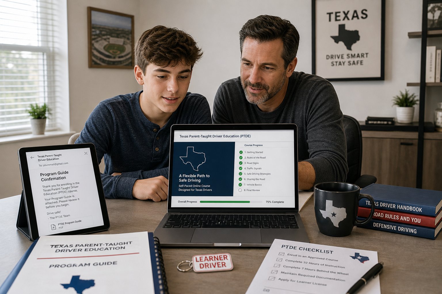 How Long Does Texas Parent Taught Drivers Ed Take to Complete? 1 Teen and parent reviewing Texas driver education course at home.