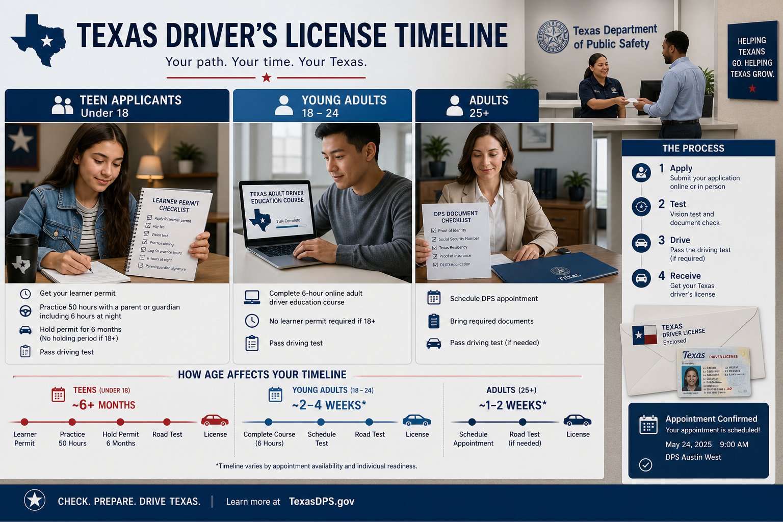 How Long Does It Take to Get Your First Texas Driver's License? 1 Texas driver’s license timeline by age and application requirements.