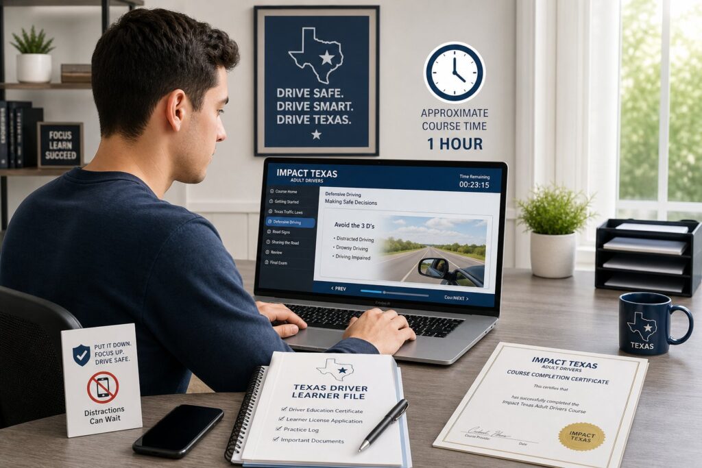 Blog Articles 5 Adult driver watching Texas distracted driving course on a laptop.