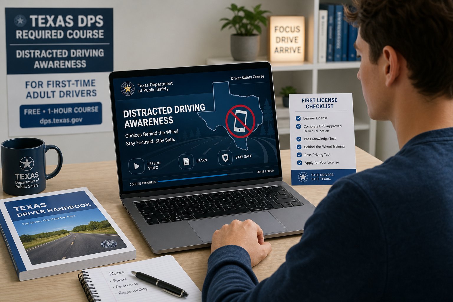 How Long Is the Impact Texas Adult Drivers (ITAD) Course? 1 Adult driver watching Texas distracted driving course on a laptop.