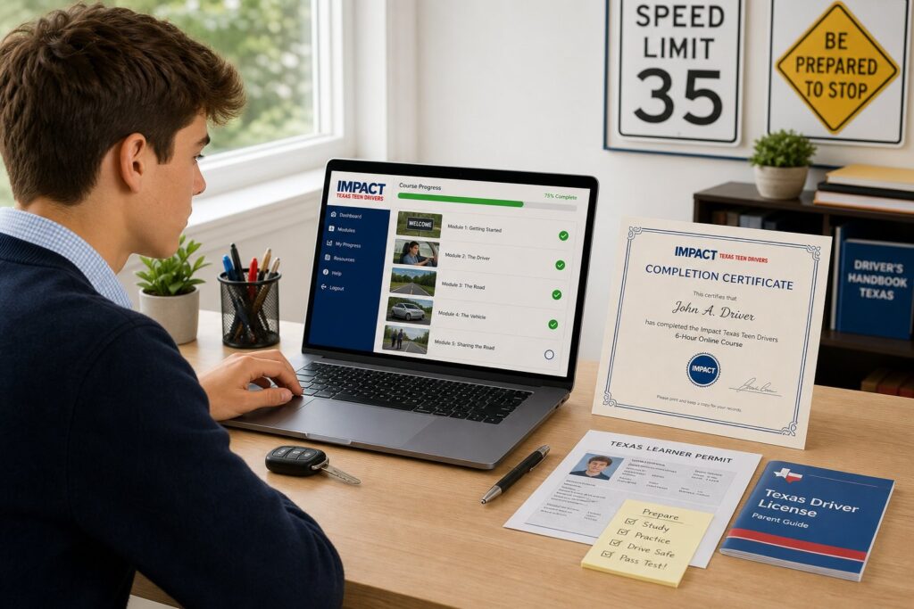 Blog Articles 7 Teen taking an online driver safety course on a laptop at home.