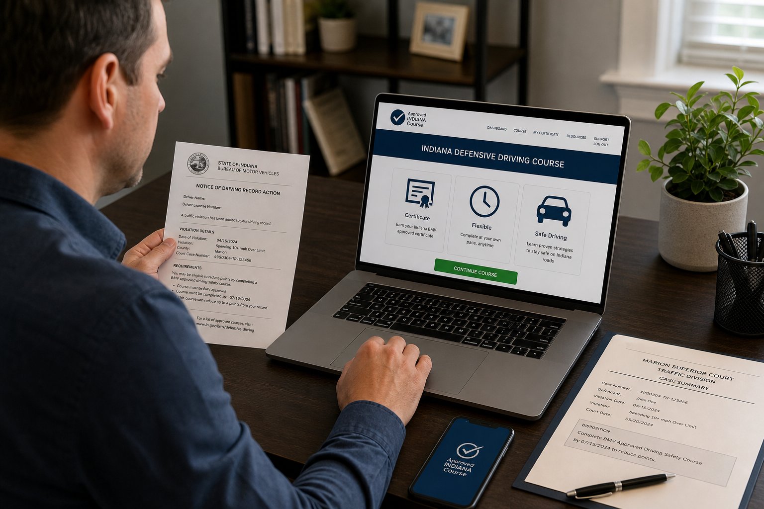How Long Is the Indiana Driver Safety Program? 1 Driver taking an online defensive driving course with official paperwork at desk.