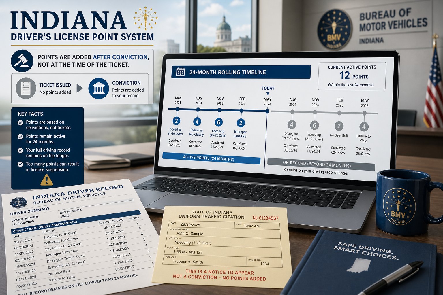 How Long Do Points Stay on Your Indiana Driving Record? 1 Indiana driver points timeline shown on a modern digital dashboard.