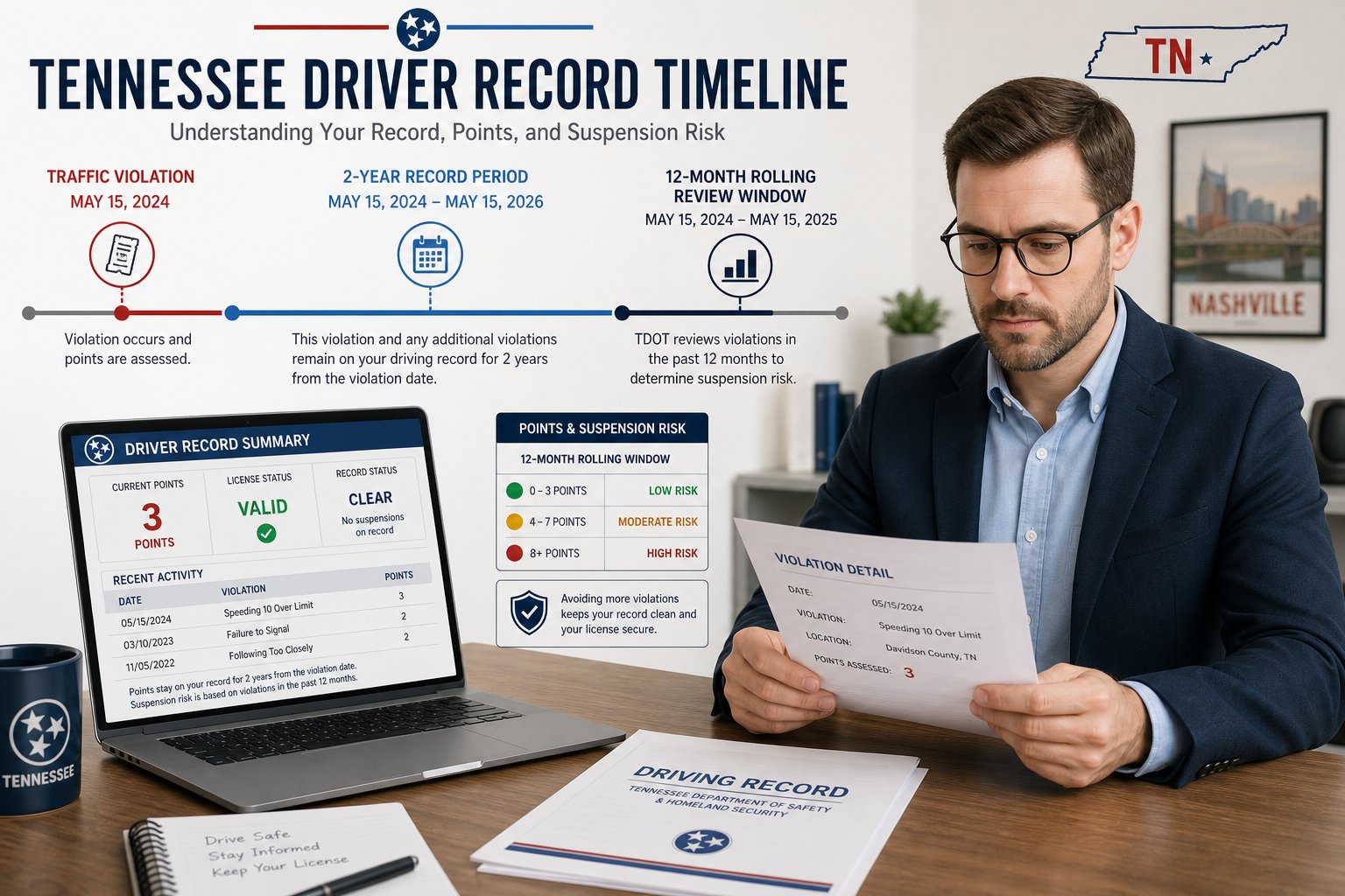 How Long Do Points Stay on Your License in Tennessee? 1 Driver reviewing Tennessee license points timeline and driving record documents.