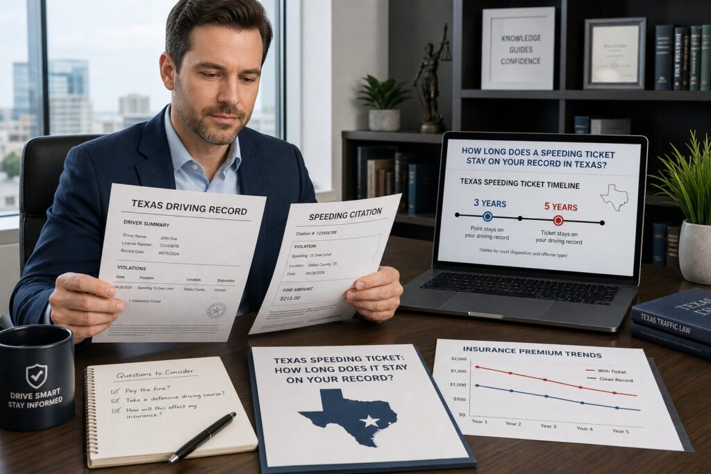Blog Articles 4 Driver reviewing Texas driving record timeline on a laptop in an office.