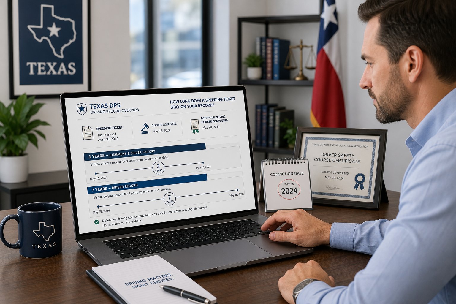 How Long Does a Speeding Ticket Stay on Your Texas Driving Record? 1 Driver reviewing Texas driving record timeline on a laptop in an office.