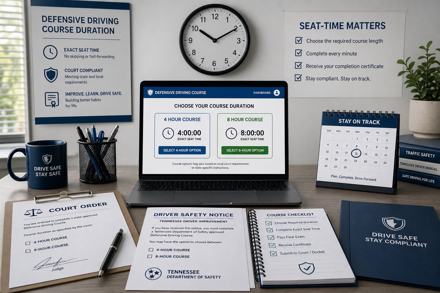 How Long Is the Tennessee Defensive Driving Course? 1 Tennessee driver comparing state-approved defensive driving course options on a laptop