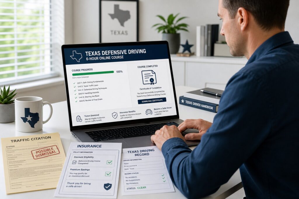 Blog Articles 3 Driver taking online Texas defensive driving course before ticket deadline.