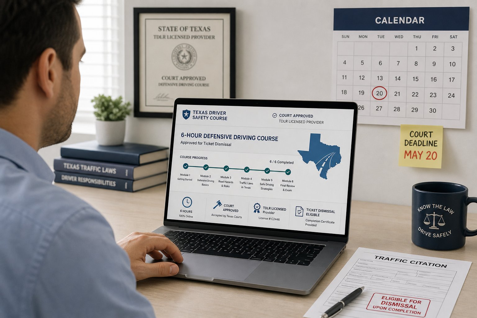 How Long Is the Texas Driver Safety Course? 1 Driver taking online Texas defensive driving course before ticket deadline.
