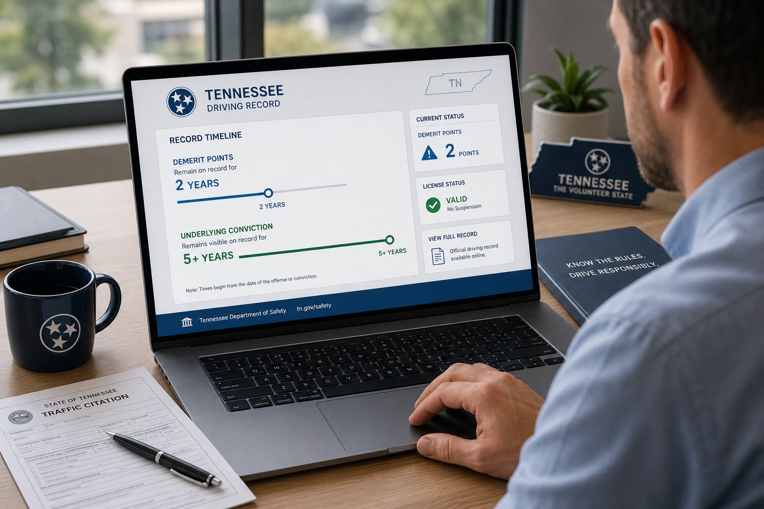 How Long Does a Speeding Ticket Stay on Your Tennessee Driving Record? 1 Driver reviewing Tennessee ticket record timeline on a laptop.