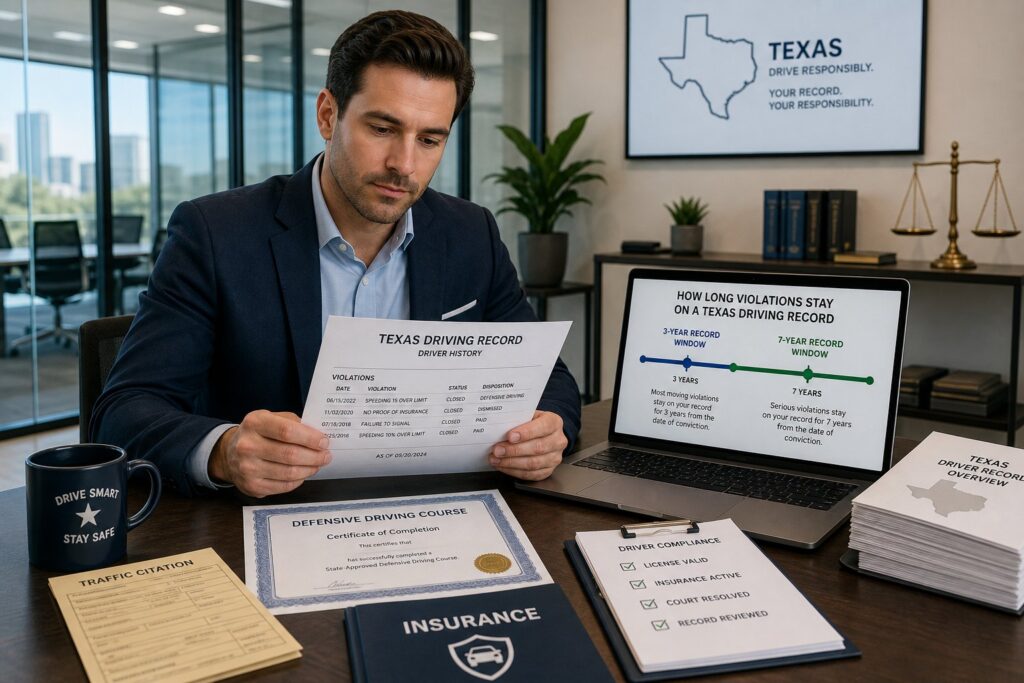 Blog Articles 2 Professional reviewing Texas driving record timelines on a modern office screen.