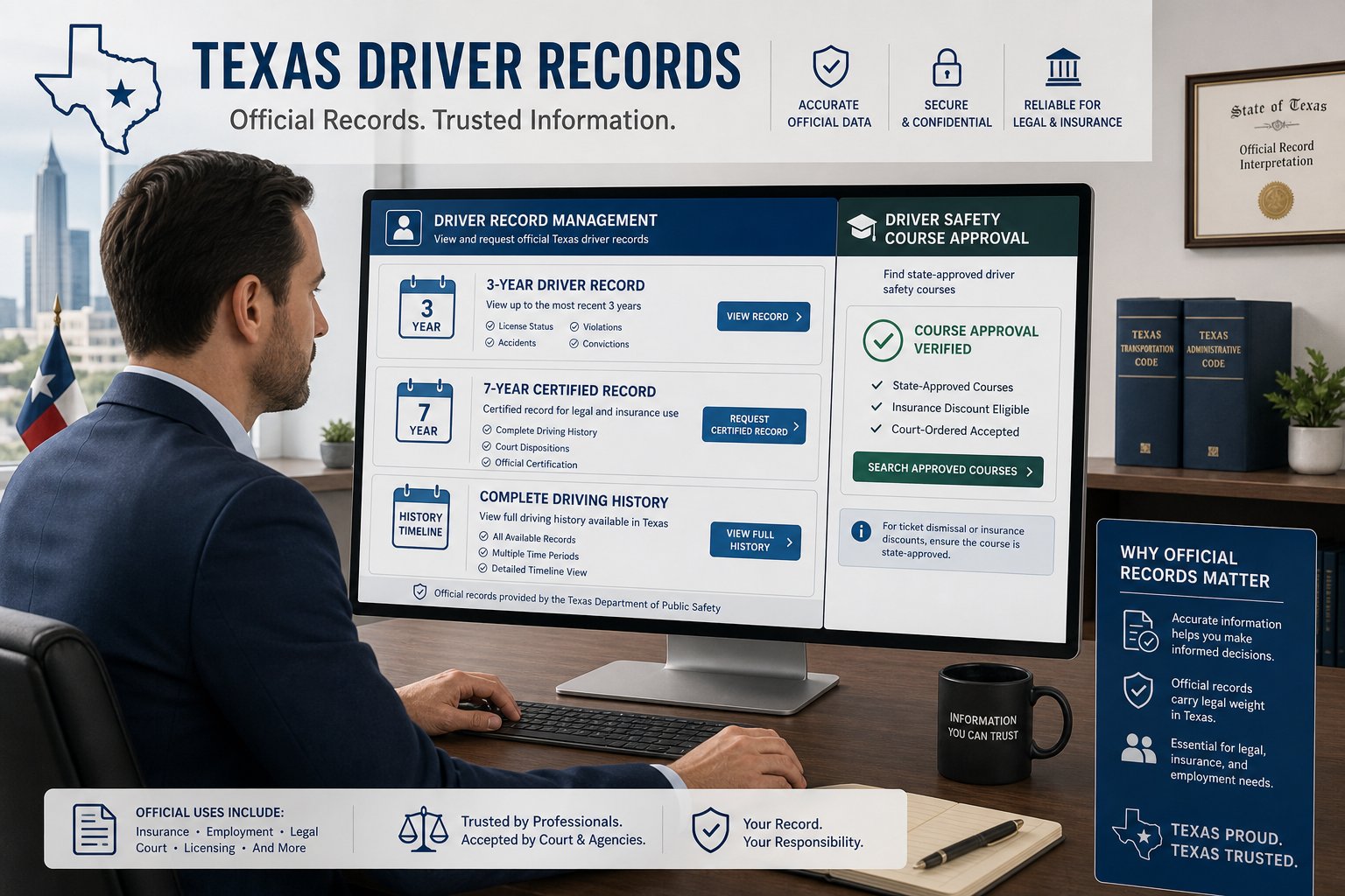 How Long Do Traffic Violations Stay on Your Texas Driving Record? 1 Professional reviewing Texas driving record timelines on a modern office screen.