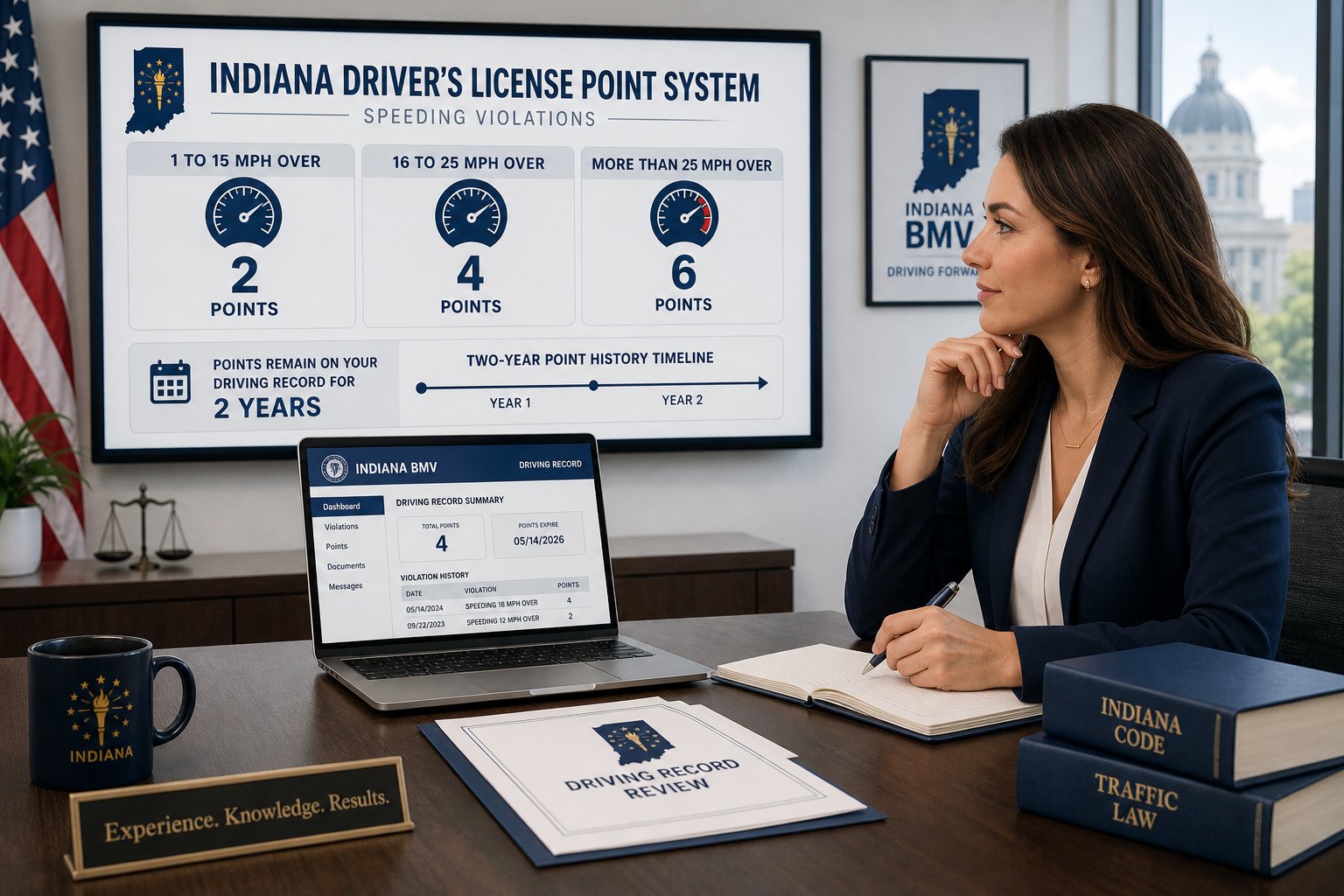 How Many Points Is a Speeding Ticket in Indiana? 1 Indiana speeding ticket points shown on a professional office dashboard.