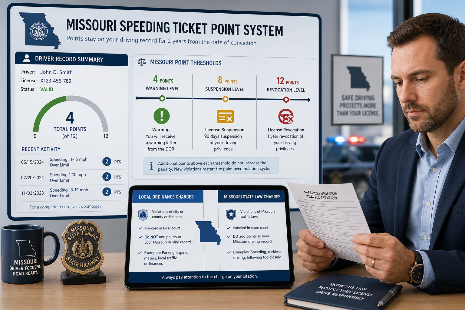 How Many Points Is a Speeding Ticket in Missouri? 1 Missouri driver record and traffic citation documents