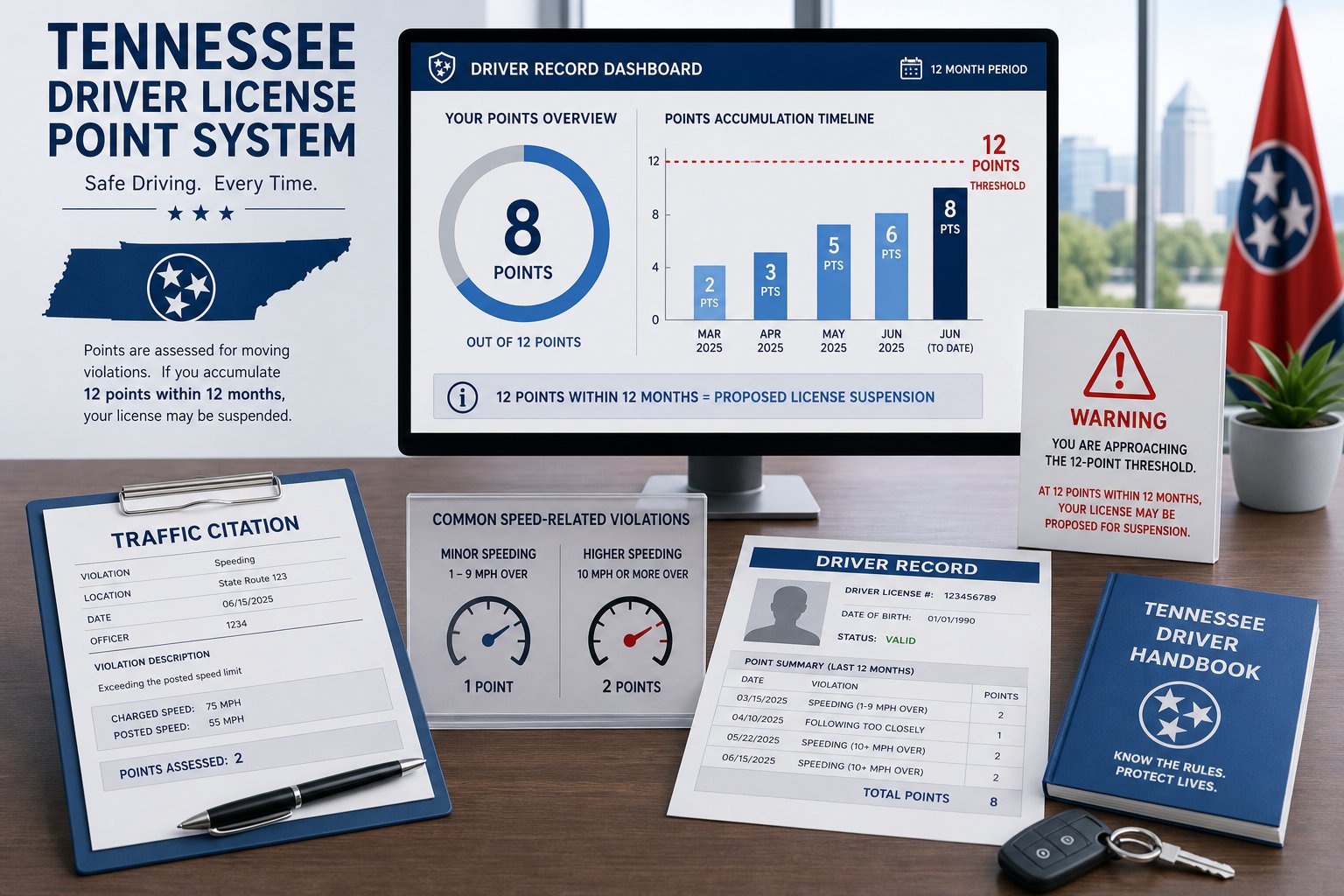 How Many Points Is a Speeding Ticket in Tennessee? 1 Tennessee driver points dashboard with ticket, record, and suspension warning.