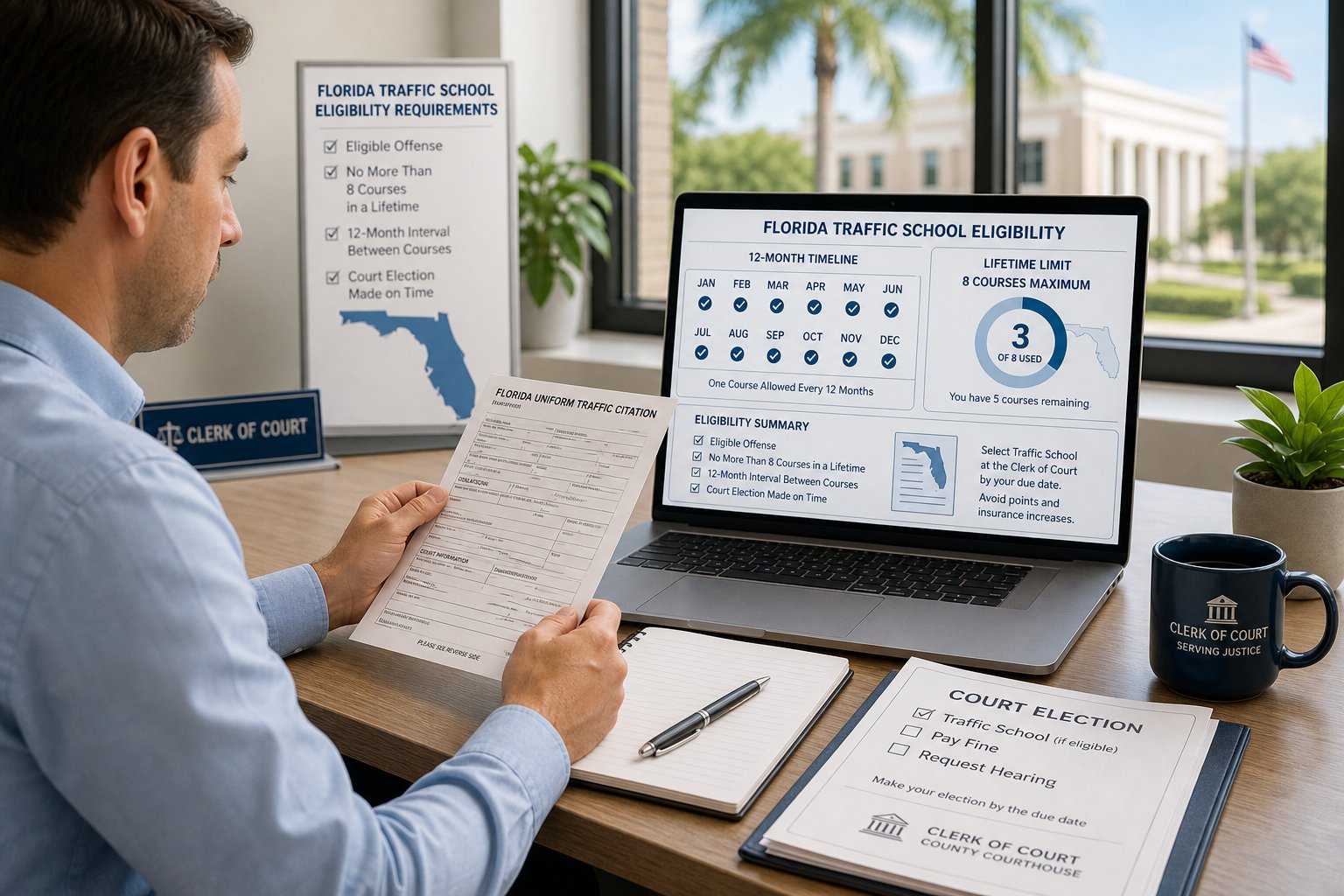 How Many Times Can You Use Traffic School in Florida? The 8-Election Lifetime and 12-Month Rule 1 How Many Times Can You Use Traffic School in Florida? The 8-Election Lifetime and 12-Month Rule
