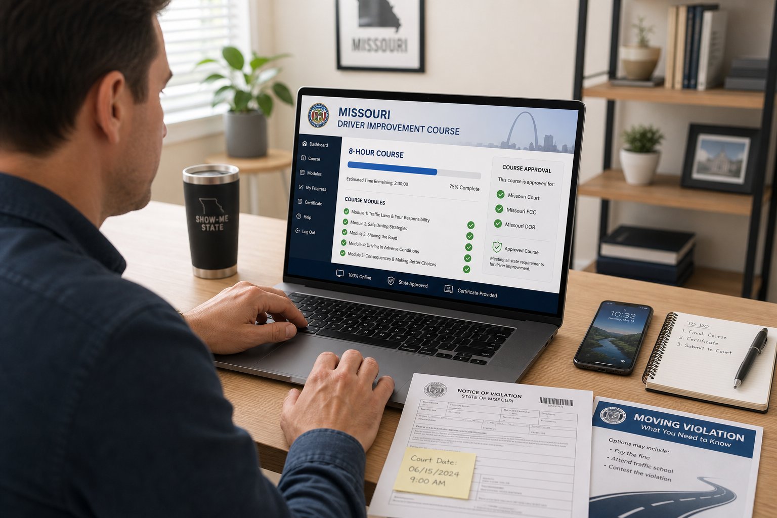 How the Missouri Driver Improvement Program Works Online 1 Laptop showing a Missouri Driver Improvement Program course marked complete with points reduced