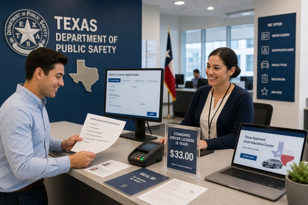 Blog Articles 4 Applicant at Texas licensing office reviewing the standard $33 driver’s license fee.