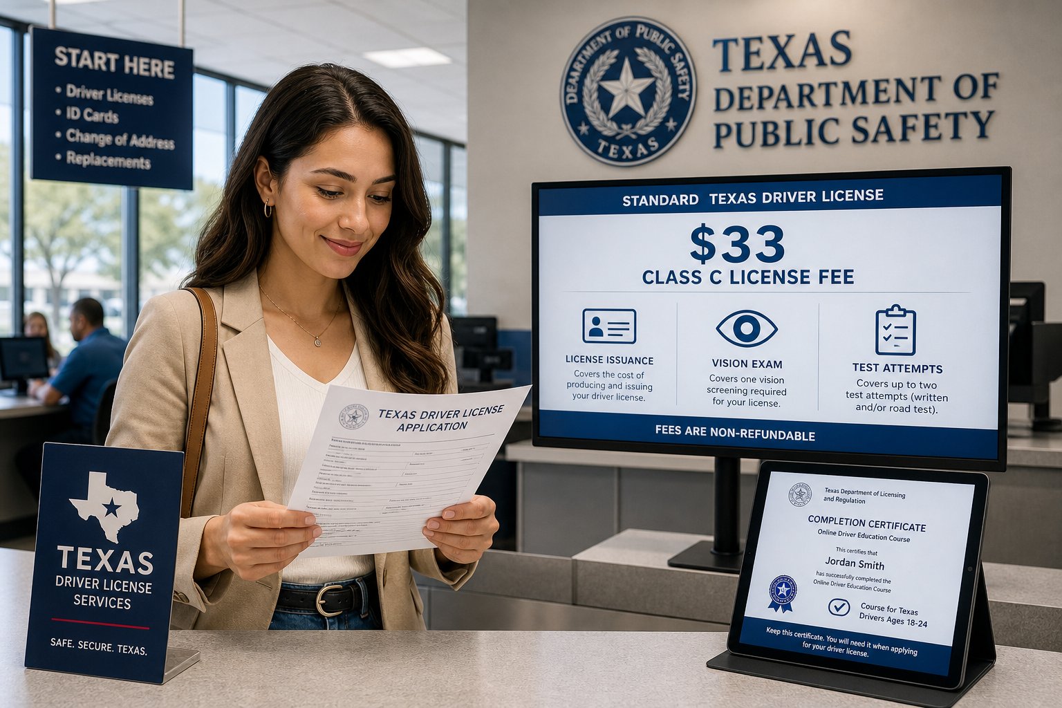 How Much Does It Cost to Get Your First Texas Driver's License? 1 Applicant at Texas licensing office reviewing the standard $33 driver’s license fee.