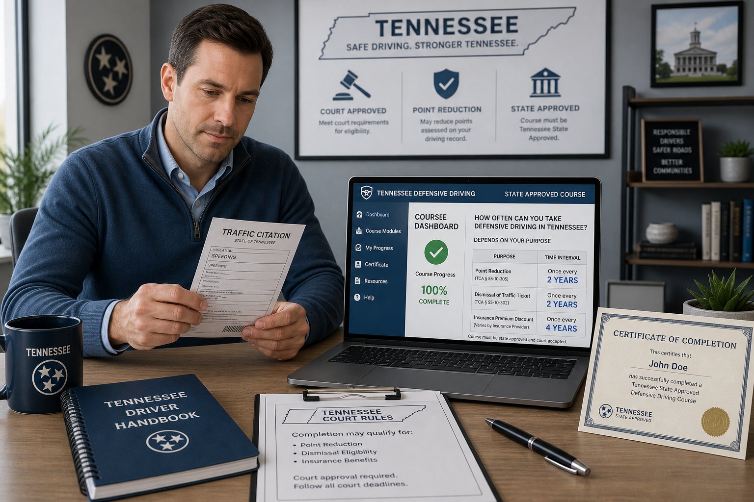How Often Can You Take Defensive Driving in Tennessee? 1 Tennessee driver comparing state-approved defensive driving course options on a laptop