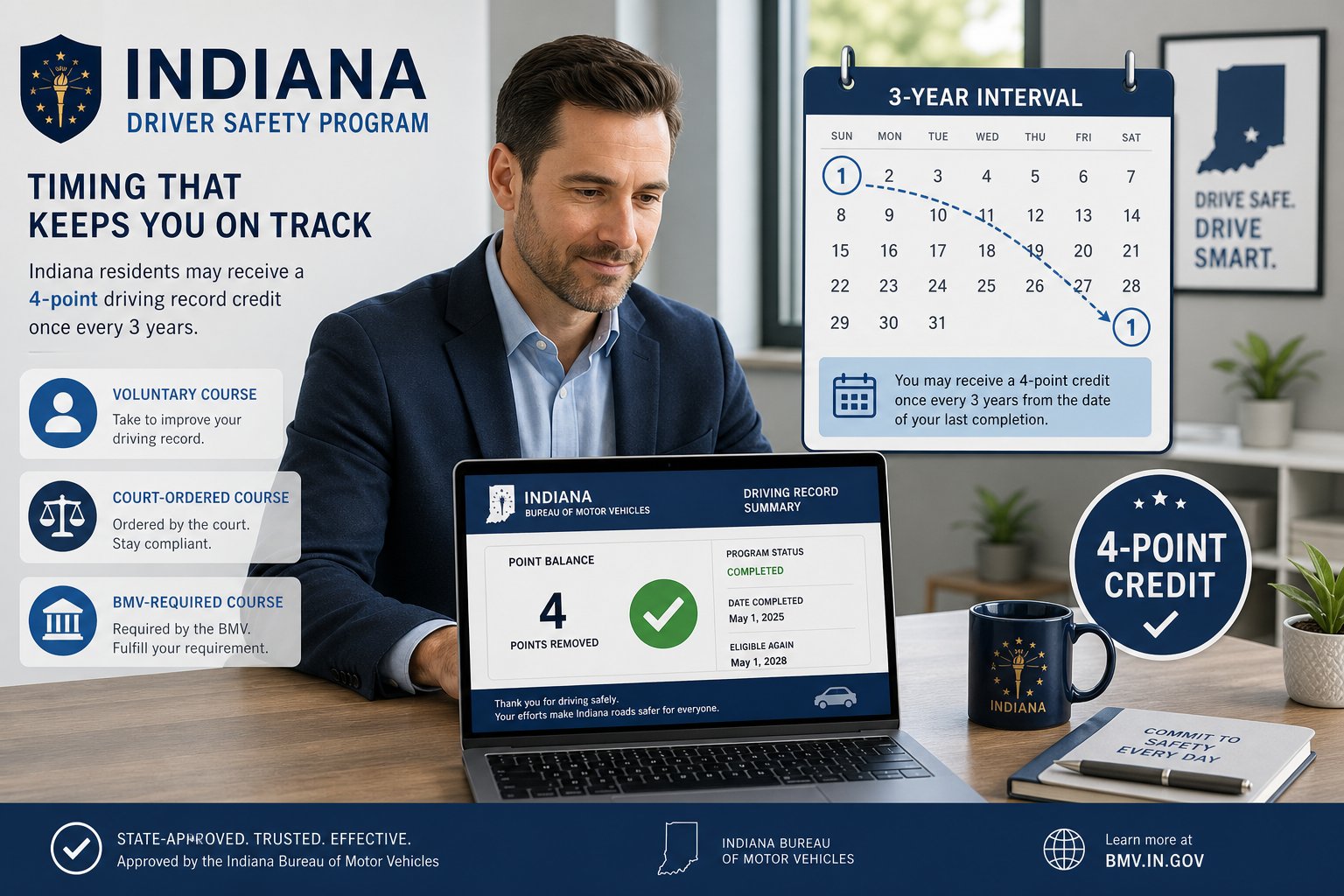 How Often Can You Take the Indiana Driver Safety Program? 1 Indiana driver safety program timeline with 3-year point credit reminder.