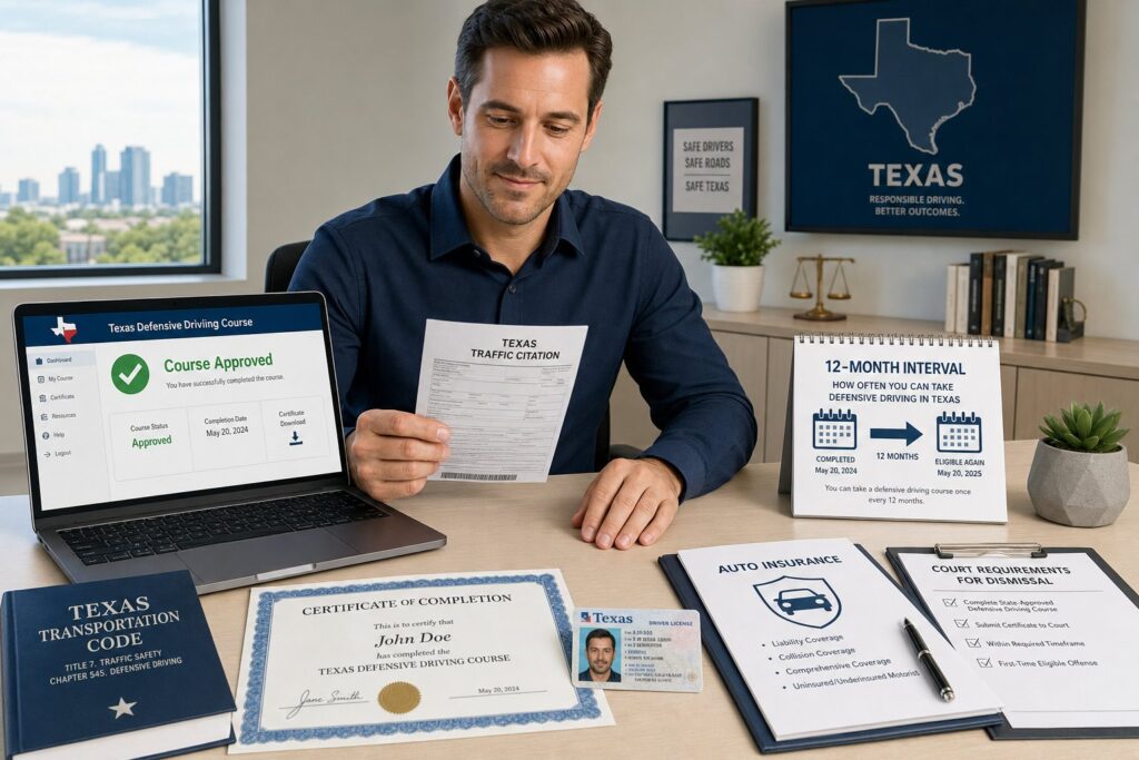 Blog Articles 1 Driver reviewing Texas defensive driving course timing on a laptop.