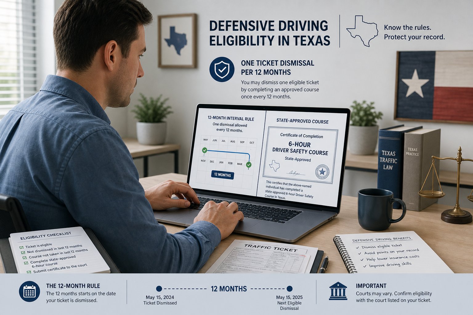 How Often Can You Take the Texas Driver Safety Course for Ticket Dismissal? 1 Driver reviewing Texas defensive driving course timing on a laptop.
