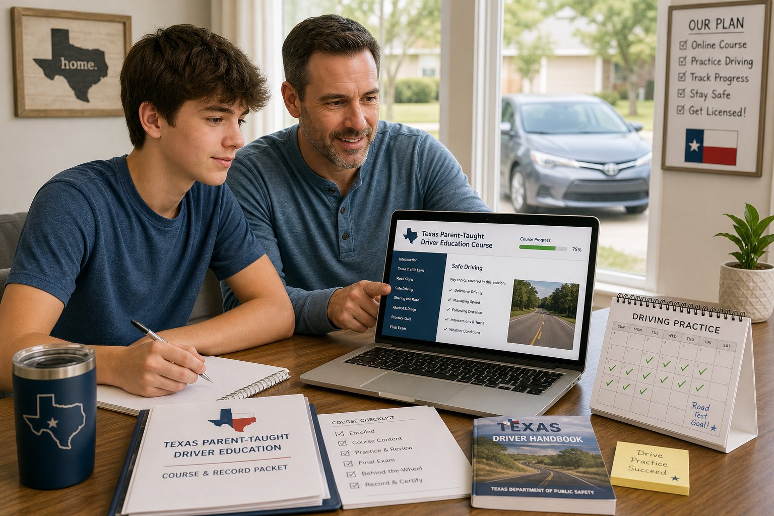 How Texas Parent Taught Drivers Ed Works Online: Step-by-Step 1 Parent and teen doing online drivers ed at home in Texas.