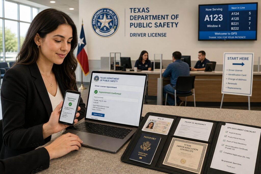 Blog Articles 3 Person booking a Texas driver’s license appointment online on a laptop.