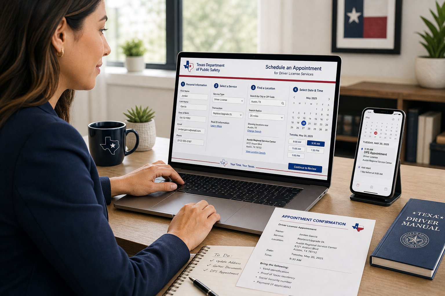 How to Book a Texas DPS Appointment for Your First Driver's License 1 Person booking a Texas driver’s license appointment online on a laptop.