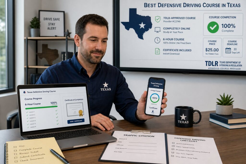 Blog Articles 10 Driver viewing a Texas-approved defensive driving course on a tablet.