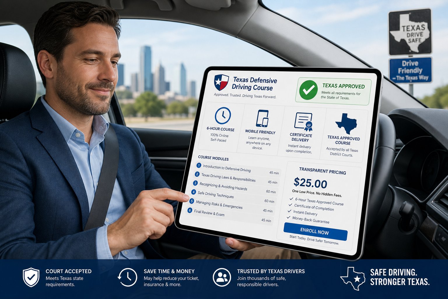 How to Choose a Texas Driver Safety Course Online 1 Driver viewing a Texas-approved defensive driving course on a tablet.
