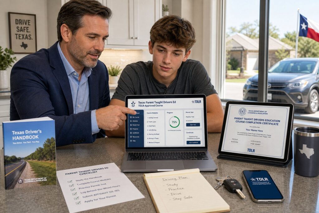 Blog Articles 5 Teen and parent reviewing an approved online Texas drivers ed course.